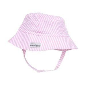 FLAP HAPPY Baby Toddler Girl Pink Seersucker Stripe Bucket Sun Hat Summer UPF 50